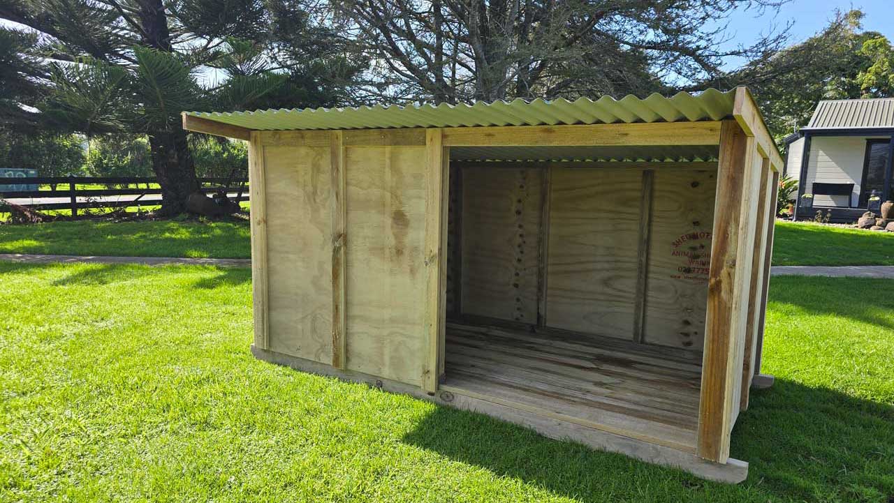 Medium sized chicken coop in a yard.